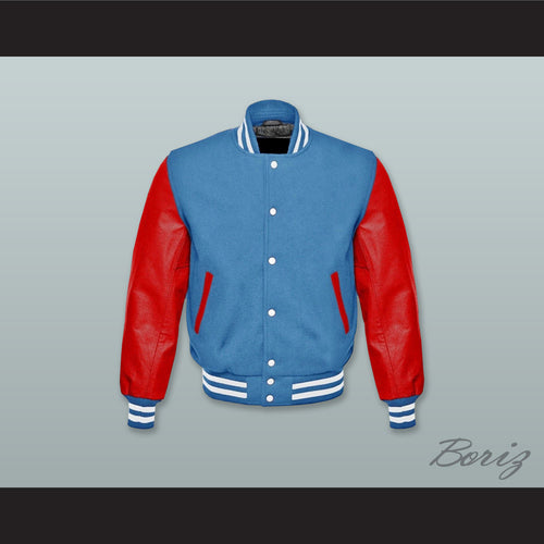 Ocean Blue Wool and Red Lab Leather Varsity Letterman Jacket
