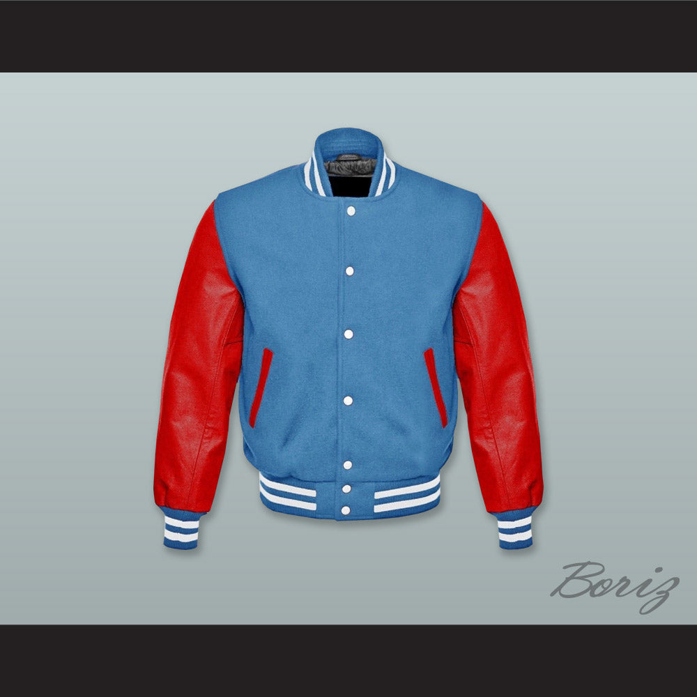 Ocean Blue Wool and Red Lab Leather Varsity Letterman Jacket