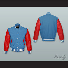 Load image into Gallery viewer, Ocean Blue Wool and Red Lab Leather Varsity Letterman Jacket