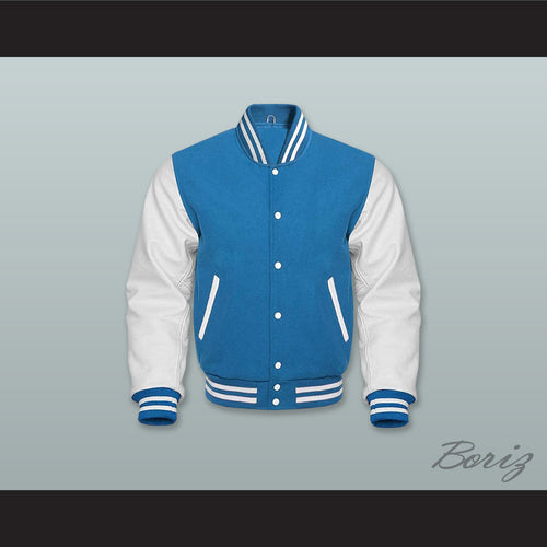Ocean Blue Wool and White Lab Leather Varsity Letterman Jacket