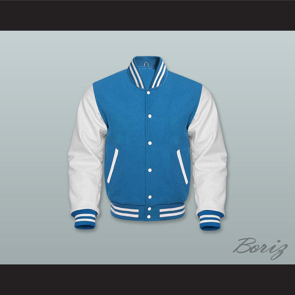 Ocean Blue Wool and White Lab Leather Varsity Letterman Jacket