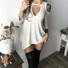 Load image into Gallery viewer, Off Shoulder Dress Women Three Quarter Sleeve Mini Dress 2020 Autumn Clothing Hollow Out Knitted Shirt Dress Robe Femme