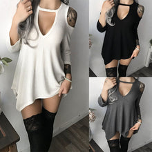 Load image into Gallery viewer, Off Shoulder Dress Women Three Quarter Sleeve Mini Dress 2020 Autumn Clothing Hollow Out Knitted Shirt Dress Robe Femme