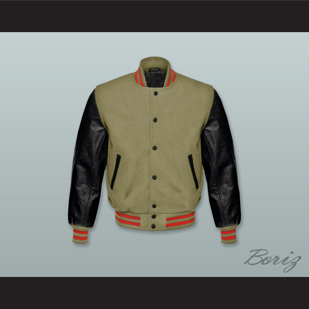 Olive Green Wool and Black Lab Leather Varsity Letterman Jacket