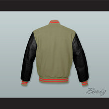Load image into Gallery viewer, Olive Green Wool and Black Lab Leather Varsity Letterman Jacket