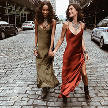Load image into Gallery viewer, Ordifree 2019 Summer Women Long Silk Dress Spaghetti Strap Loose Split Sexy Maxi Satin Slip Dress