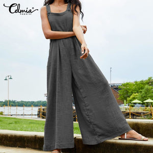 Oversized Women Wide Leg Pants Celmia 2020 Summer Retro Jumpsuits Sleeveless Straps Overalls Female Casual Loose Solid Rompers