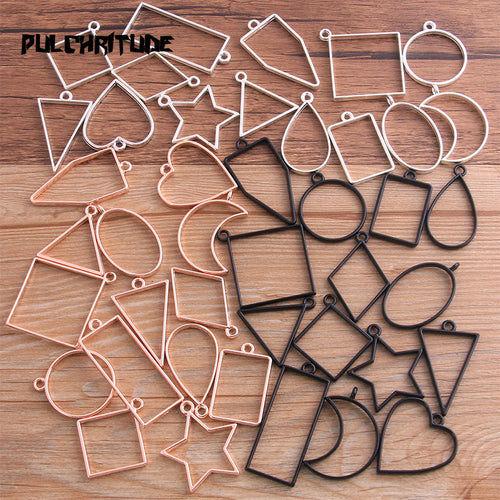 PULCHRITUDE 14pcs/lot 7 Color Assorted Geometric Hollow Pressed Flower Frame Pendant Resin Jewelry Making Bezel Mold