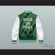 Load image into Gallery viewer, Dollar Bill Paid In Full Green/ White Varsity Letterman Satin Bomber Jacket