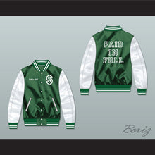 Load image into Gallery viewer, Dollar Bill Paid In Full Green/ White Varsity Letterman Satin Bomber Jacket