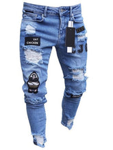 Load image into Gallery viewer, Pantalones vaqueros desgastados para hombre, Vaqueros rasgados elásticos para motorista, estilo Hip Hop, ajustados con agujeros, Vaqueros Punk de algodón con cremallera