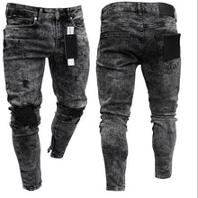 Load image into Gallery viewer, Pantalones vaqueros desgastados para hombre, Vaqueros rasgados elásticos para motorista, estilo Hip Hop, ajustados con agujeros, Vaqueros Punk de algodón con cremallera