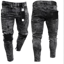 Load image into Gallery viewer, Pantalones vaqueros desgastados para hombre, Vaqueros rasgados elásticos para motorista, estilo Hip Hop, ajustados con agujeros, Vaqueros Punk de algodón con cremallera