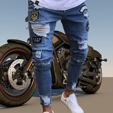 Load image into Gallery viewer, Pantalones vaqueros rasgados para hombre, Jeans con insignia bordada, locomotora, rectos, ajustados, de alta calidad