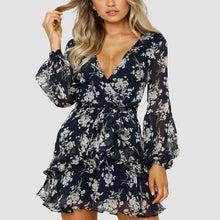 Load image into Gallery viewer, Paris Girl Sexy Summer Autumn Women Chiffon Dress See Through Long Sleeve Floral Printed Dresses V Neck Short Mini  Female