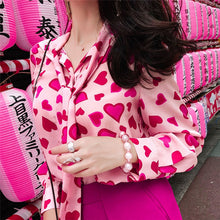 Load image into Gallery viewer, Paris Girl Vintage Heart Print Long Sleeve Chiffon Blouse Sweet Women Shirt Tie Autumn New Fashion Tops Chemise Camisa