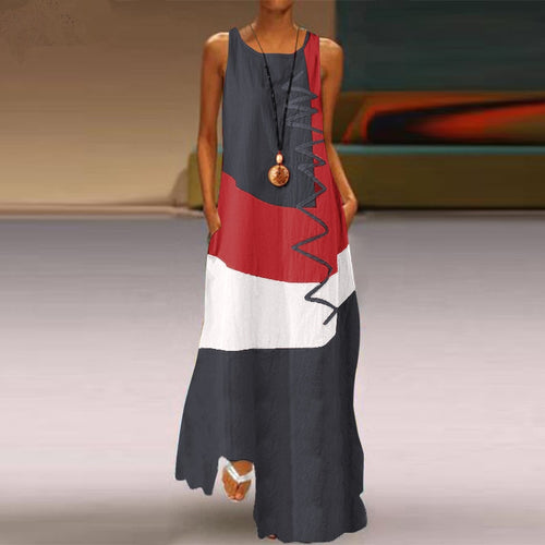 Paris Girl Women's Retro Loose Long Cotton And Linen Sleeveless Color-Block Stitching Cotton A-Linen Dress