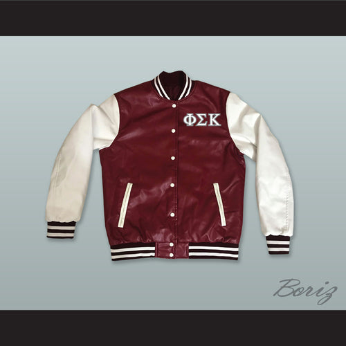 Phi Sigma Kappa Fraternity Maroon and White Lab Leather Varsity Letterman Jacket