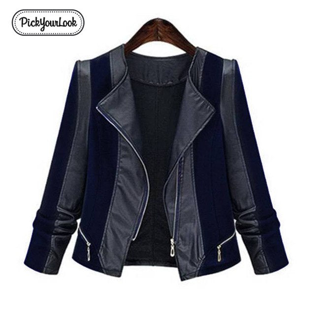 Pickyourlook Women Leather Coat Jacket Plus Size Patchwork Motorcycle Overcoat For Female Fashion Zipper Pu Large Lady Outerwear