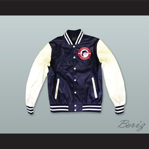 Pioneers Baseball Hardball Navy Blue and White Lab Leather Varsity Letterman Jacket