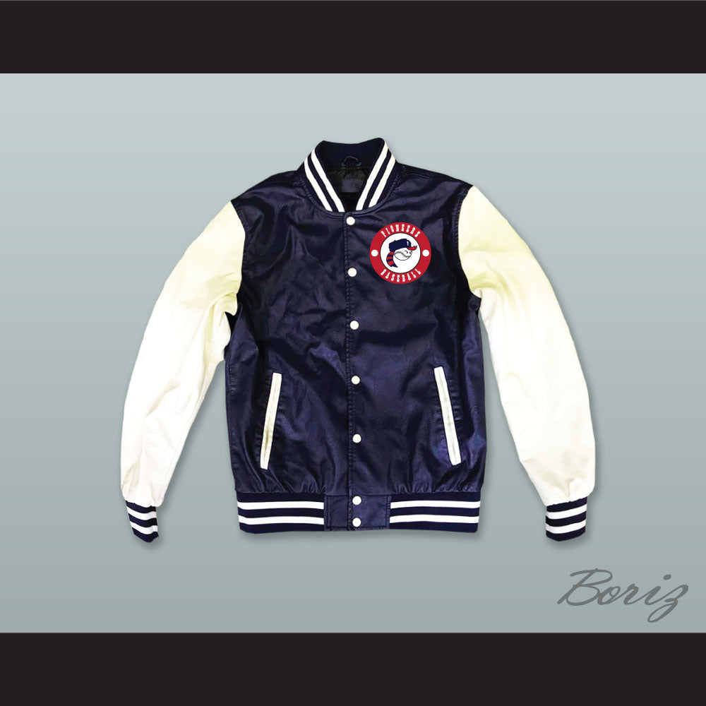 Pioneers Baseball Hardball Navy Blue and White Lab Leather Varsity Letterman Jacket