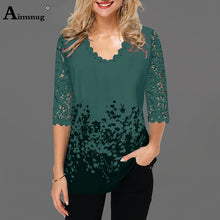 Load image into Gallery viewer, Plus Size 4xl 5XL  Tops V-neck Half Sleeve Lace Splice European and American Female 2020 Spring New Print Boho Women T-shirt