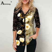 Load image into Gallery viewer, Plus Size 4xl 5x Boho T-shirt Female Print  2020 Lace Splice Loose  Women's Tops Summer New V-neck Tee Shirt   Casual  Pullovers