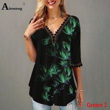 Load image into Gallery viewer, Plus Size 4xl 5x Boho T-shirt Female Print  2020 Lace Splice Loose  Women's Tops Summer New V-neck Tee Shirt   Casual  Pullovers