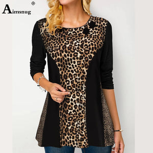 Plus Size 4xl 5xl Women New summer Cute Shirt Blue Tops Long Sleeve Leopard Print Female T-Shirt Casual Loose Ladies Tee Shirt