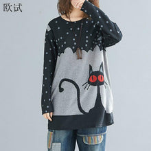 Load image into Gallery viewer, Plus Size Kawaii Cartoon Black cat Print Tshirt Women Knitted Cotton T-shirt Graphic Tees Autumn Tops Long Sleeve T Shirt 2020