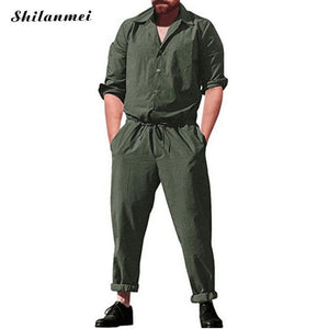 Plus Size Long Sleeve Jumpsuits Men Button Overalls With Pockets New Summer Working Joggers Pants Casual Solid Playsuits Male