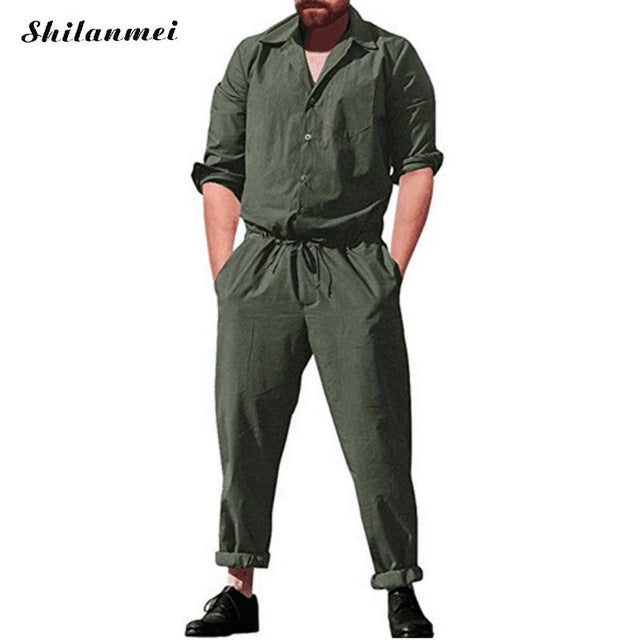 Plus Size Long Sleeve Jumpsuits Men Button Overalls With Pockets New Summer Working Joggers Pants Casual Solid Playsuits Male