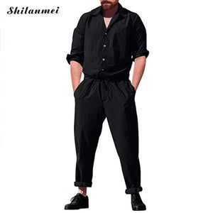 Plus Size Long Sleeve Jumpsuits Men Button Overalls With Pockets New Summer Working Joggers Pants Casual Solid Playsuits Male