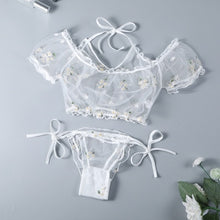 Load image into Gallery viewer, Plus Size Princess Sexy Pajama Set Women Ultra-thin Perspective Floral Print Mesh Sleepwear with Shorts Pj Set Kawaii Lingerie