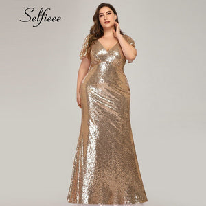 Plus Size Rose Gold Mermaid Women Dresses Short Sleeve Sequined V-Neck Bodycon Elegant Maxi Dresses For Party Robe Femme 2020