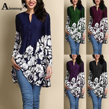 Load image into Gallery viewer, Plus size 4xl 5xl 2019 Women Summer Boho Flower Print Black Tops Long Sleeve O-Neck Female T-Shirt Casual Loose Ladies Tee Shirt