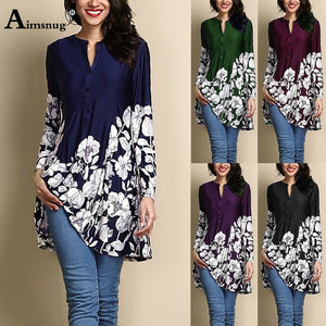 Plus size 4xl 5xl 2019 Women Summer Boho Flower Print Black Tops Long Sleeve O-Neck Female T-Shirt Casual Loose Ladies Tee Shirt