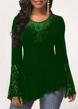 Load image into Gallery viewer, Plus size 4xl 5xl Women New Autumn Boho Solid Splice Lace Tops Bell sleeve Hollow Female T-Shirt Casual Slim Ladies Tee Shirt
