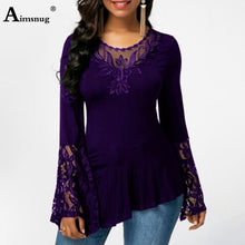 Load image into Gallery viewer, Plus size 4xl 5xl Women New Autumn Boho Solid Splice Lace Tops Bell sleeve Hollow Female T-Shirt Casual Slim Ladies Tee Shirt
