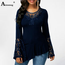 Load image into Gallery viewer, Plus size 4xl 5xl Women New Autumn Boho Solid Splice Lace Tops Bell sleeve Hollow Female T-Shirt Casual Slim Ladies Tee Shirt