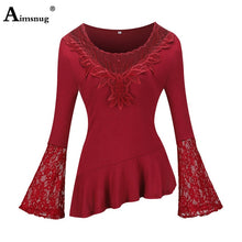 Load image into Gallery viewer, Plus size 4xl 5xl Women New Autumn Boho Solid Splice Lace Tops Bell sleeve Hollow Female T-Shirt Casual Slim Ladies Tee Shirt