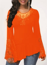 Load image into Gallery viewer, Plus size 4xl 5xl Women New Autumn Boho Solid Splice Lace Tops Bell sleeve Hollow Female T-Shirt Casual Slim Ladies Tee Shirt