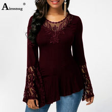 Load image into Gallery viewer, Plus size 4xl 5xl Women New Autumn Boho Solid Splice Lace Tops Bell sleeve Hollow Female T-Shirt Casual Slim Ladies Tee Shirt