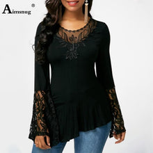 Load image into Gallery viewer, Plus size 4xl 5xl Women New Autumn Boho Solid Splice Lace Tops Bell sleeve Hollow Female T-Shirt Casual Slim Ladies Tee Shirt