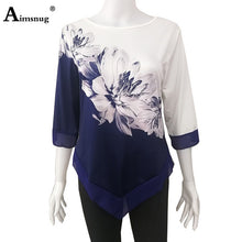 Load image into Gallery viewer, Plus size 4xl 5xl Women New Autumn Print Tops Nine Points Sleeve Elasticity Splice Mesh Female T-Shirt Loose Ladies Tee Shirt