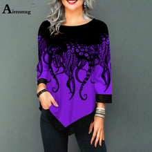 Load image into Gallery viewer, Plus size 4xl 5xl Women New Autumn Print Tops Nine Points Sleeve Elasticity Splice Mesh Female T-Shirt Loose Ladies Tee Shirt