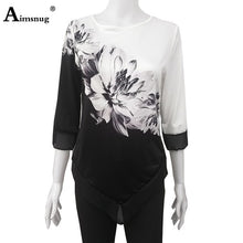 Load image into Gallery viewer, Plus size 4xl 5xl Women New Autumn Print Tops Nine Points Sleeve Elasticity Splice Mesh Female T-Shirt Loose Ladies Tee Shirt
