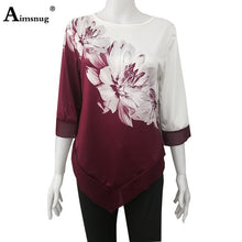 Load image into Gallery viewer, Plus size 4xl 5xl Women New Autumn Print Tops Nine Points Sleeve Elasticity Splice Mesh Female T-Shirt Loose Ladies Tee Shirt