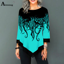 Load image into Gallery viewer, Plus size 4xl 5xl Women New Autumn Print Tops Nine Points Sleeve Elasticity Splice Mesh Female T-Shirt Loose Ladies Tee Shirt