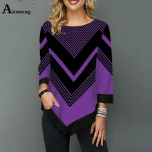 Load image into Gallery viewer, Plus size 4xl 5xl Women New Autumn Print Tops Nine Points Sleeve Elasticity Splice Mesh Female T-Shirt Loose Ladies Tee Shirt